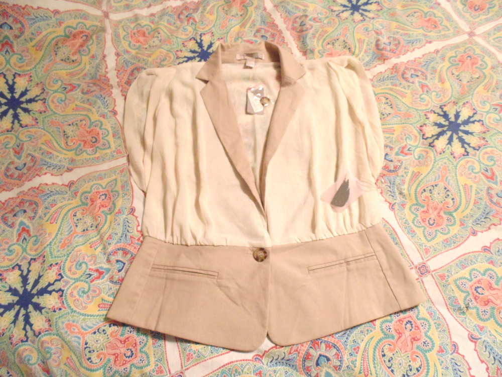 NWT Love 21 Peplum Jacket Linen Look Cap Sleeve Cream Tan Secretary Top L